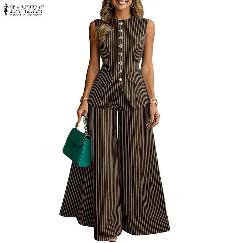 ZANZEA Women's Elegant Pant Suits Striped Sleeveless Vest Tops & Wide Leg Pant 2 Pieces Sets Office Fashion Commuting Outfits