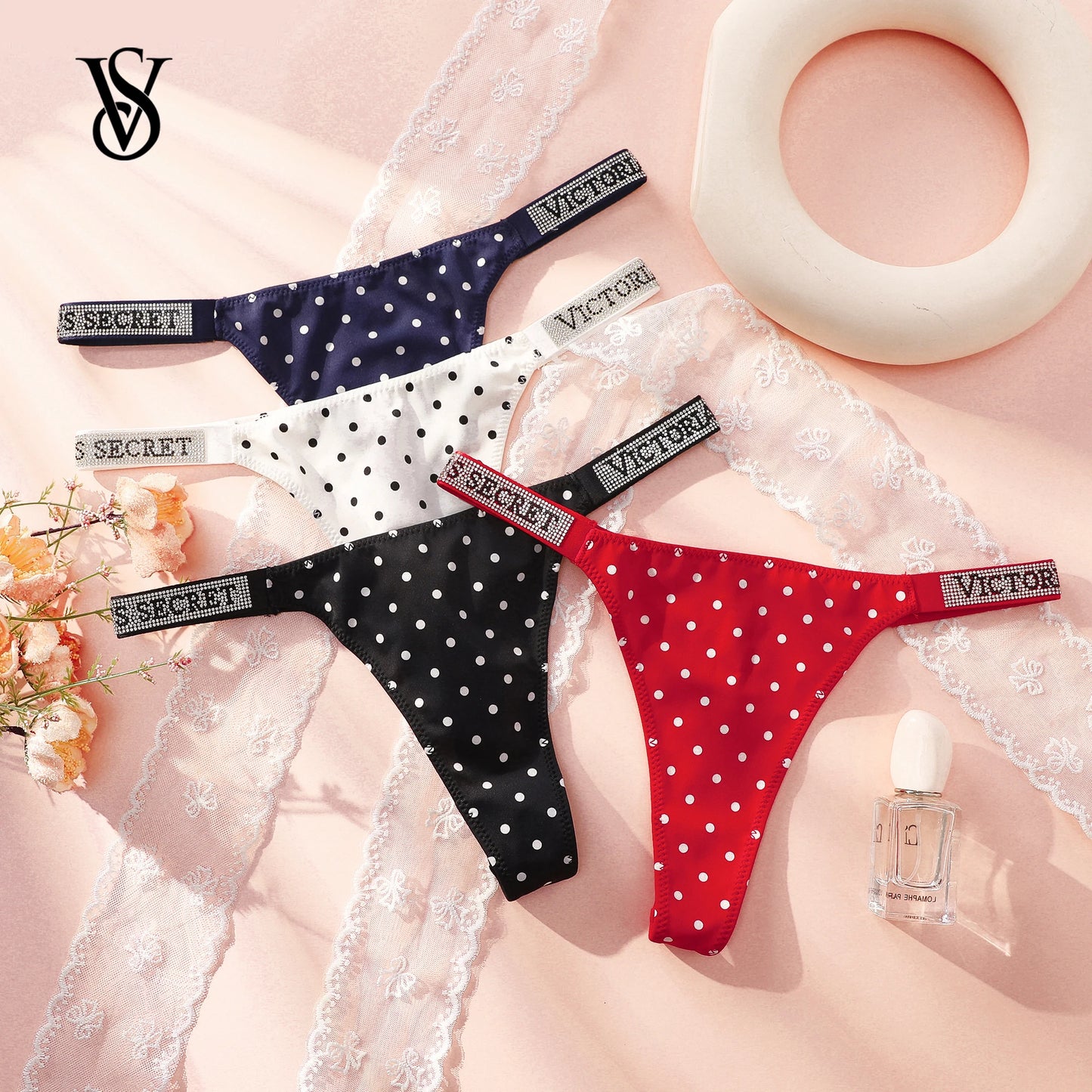 VS Underwear Thong Hipster Seamless Women Polka Dot Lace Bikini Cheeky Panties Set Victoria Secret Breathable Cotton Hipster