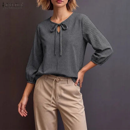 ZANZEA Woman Vintage Gingham Blouses Keyhole Tie-Neck 3/4 Lantern Sleeves Check Loose Tops Autumn Casual OL Work Blusas Mujer