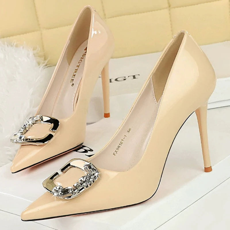 BIGTREE Shoes Metal Rhinestone Belt Buckle Women Pumps Patent Leather High Heels Luxury Banquet Shoes Sexy Party Shoes Women