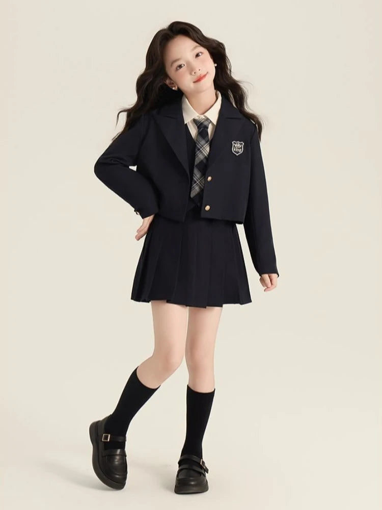 Girls Preppy School Uniform Set 2026 Autumn New Elegant Blazer Shirt Vest Pleated Skirt Outfit for Children