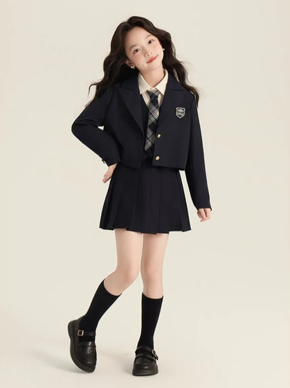 Girls Preppy School Uniform Set 2026 Autumn New Elegant Blazer Shirt Vest Pleated Skirt Outfit for Children