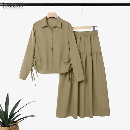 2026 ZANZEA Fashion Women Long Sleeve Shirt Dress Sets Muslim Matching Set Ramadan Outfit Hijab Tracksuit Solid Work Skirt Suit