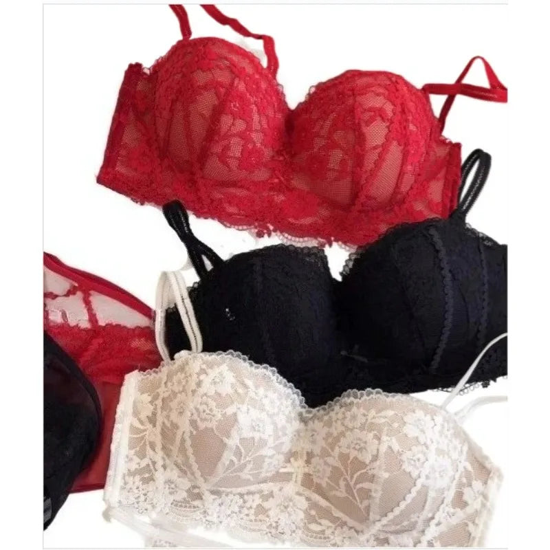 French Lace Push Up Bra Lingerie Set See Through Babydoll Shelf Bustier Half Cup Sexy Bodysuit Women Underwear Thin Thick Bottom