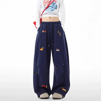 Dachshund Embroidery Sweatpants Loose Casual Joggers Wide Leg Couple Streetwear Fun Fashion Comfortable Pants baggy sweatpants