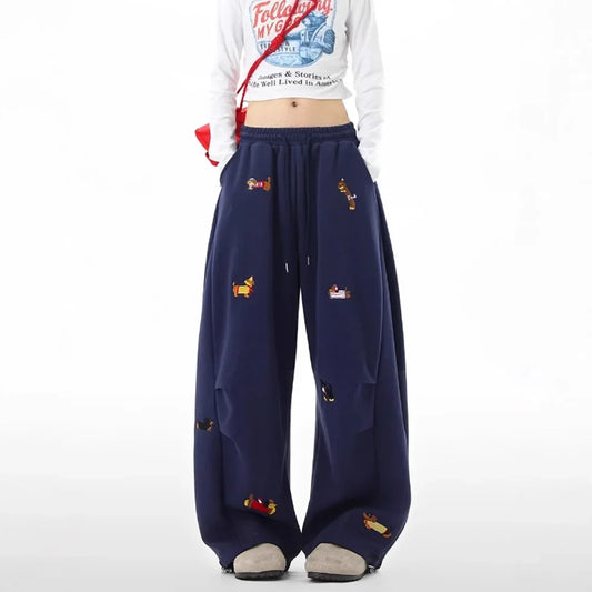 Dachshund Embroidery Sweatpants Loose Casual Joggers Wide Leg Couple Streetwear Fun Fashion Comfortable Pants baggy sweatpants
