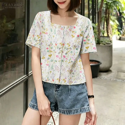 ZANZEA Women's Allover Floral Printing Shirts Elegant Square Neck Short Sleeve Button Up Blouses Summer Casual Day Chemise Femme