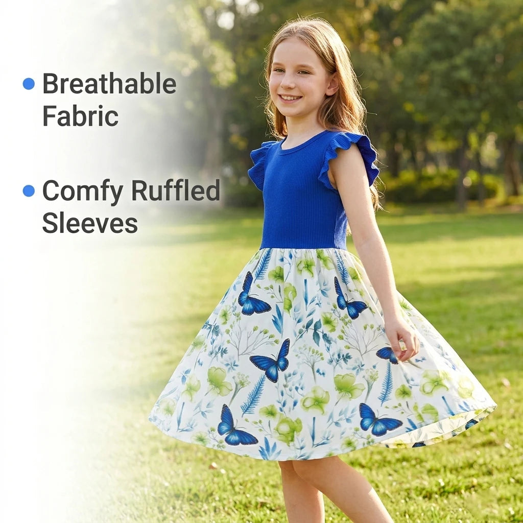 Girl's Summer 7-14 Years Round Neck Ribbed Ruffled Sleeve Butterfly Floral Print Dress for Daily School Casual Kids Lovely