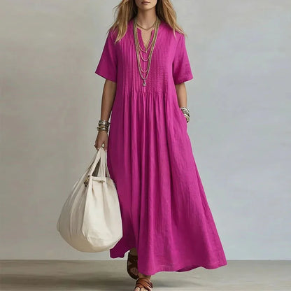 Retro Solid Cotton Linen Maxi Dress Woman Spring Sexy V Neck Draped Pocket Long Dress Summer Short Sleeve High Waist Party Dress