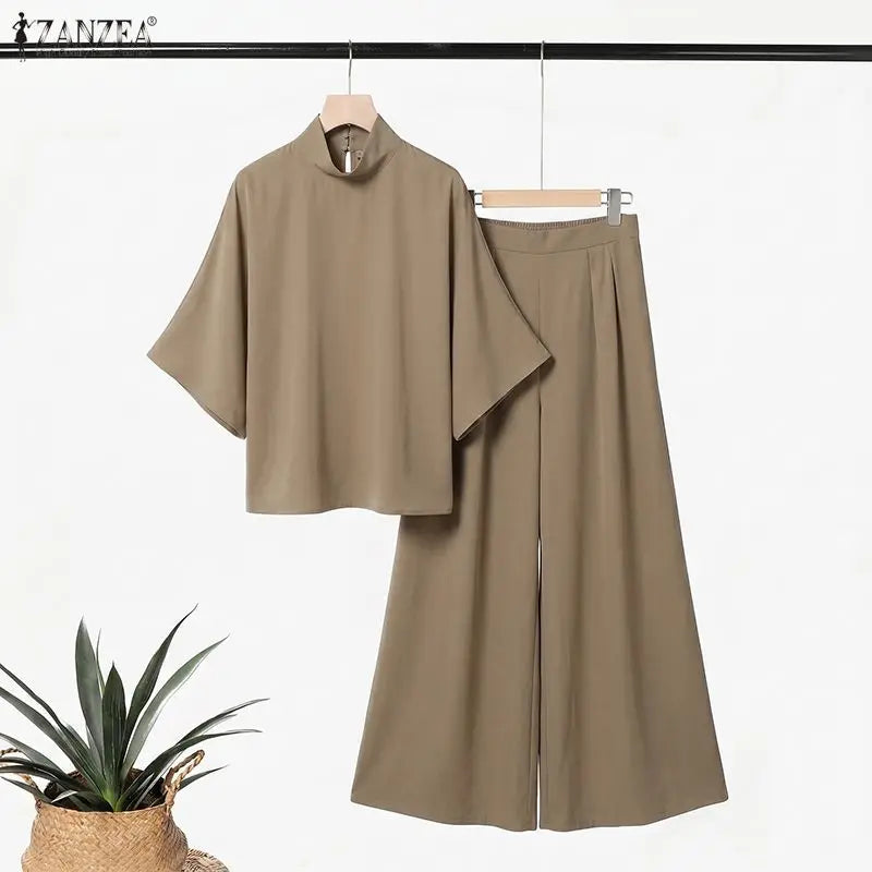 ZANZEA Summer Matching Stes Fashion Women Half Sleeve Blouse Wide Leg Pants Sets Casual Solid OL Work Outfits 2 Pieces Tracksuit