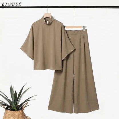 ZANZEA Summer Matching Stes Fashion Women Half Sleeve Blouse Wide Leg Pants Sets Casual Solid OL Work Outfits 2 Pieces Tracksuit
