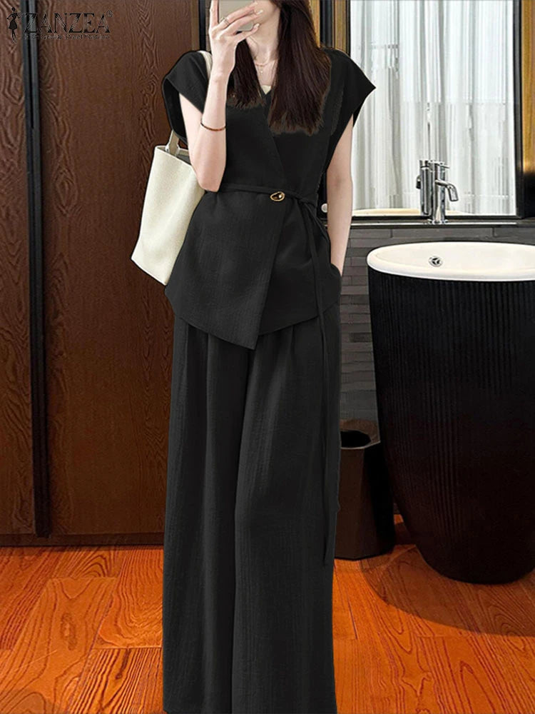 Fashion Women Two Pieces Sets ZANZEA Summer 2PCS Office Outfits V Neck Sleeveless Blouse Pant Sets Solid Tracksuit Trousers Suit