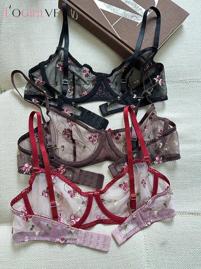 Logirlve Sexy French Ultra Thin Lace Embroidery Women Lingerie Set Underwire Push Up Bras Breathable Underwear and Panties Set