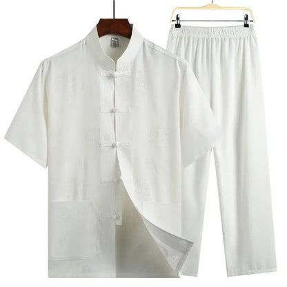 Men's Red Two-piece Summer Set: A Short Jacquard Shirt in Chinese Style Paired with Elastic-waist Pants. White, Gray, Beige-Blue