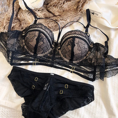 Sexy Hollow Lingerie Set for Women Classic Bandage Push Up Bra Set Europe Lace Embroidery Underwear Female Bras and Panties Set
