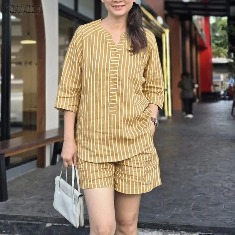 ZANZEA Fashion Spring Summer 2 Pieces Sets Striped Tracksuit Women V Neck 3/4 Sleeve Blouse Short Sets Casual Work Outfits 2026