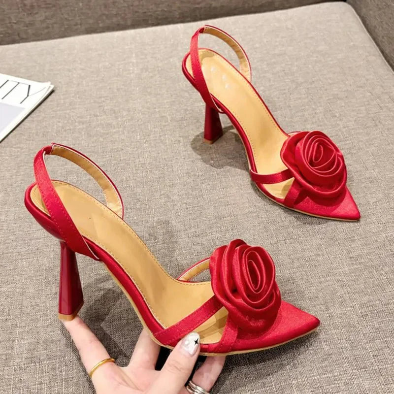 Summer Fashion Silk Rose Flowers Back Strap Heeled Sandals Women Pointed Open Toe Red High Heels Wedding Prom Shoe Zapatos Mujer