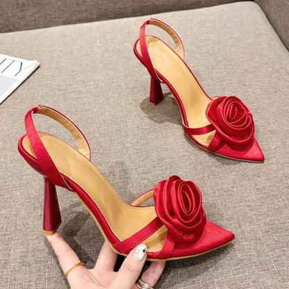Summer Fashion Silk Rose Flowers Back Strap Heeled Sandals Women Pointed Open Toe Red High Heels Wedding Prom Shoe Zapatos Mujer