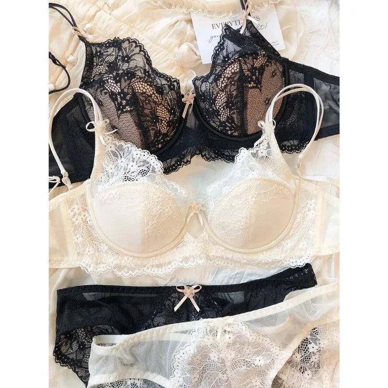 New Women Lingerie Set Sexy Lace Push Up Bra French 3/4 Thin Cup Bralette Cute Bow Decoration Underwear Comfort Bras Briefs Sets