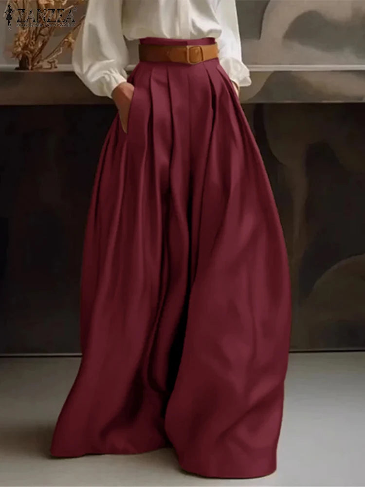 2025 ZANZEA Women High Waist Pants Elegant Wide Leg Long Trouser Satin Silk Formal Pantalons Summer Casual Pocket Office Bottoms