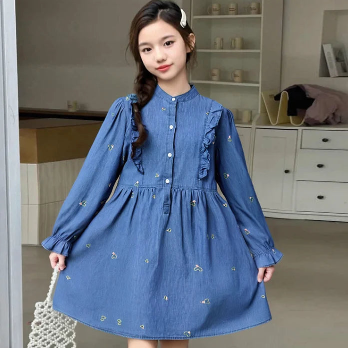 2026 Spring Autumn New 3 4 6 8 10 12 Years Embroidery Flower Long Short Sleeve Double Use Denim Blue Kids Girl Dress With Belt