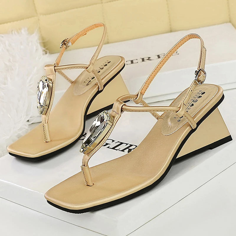 BIGTREE Shoes Women Sandals Rhinestone Design Flip-flops Wedge Heels Women Shoes Square Head Lady Shoes Wedgies Buckle Sandals