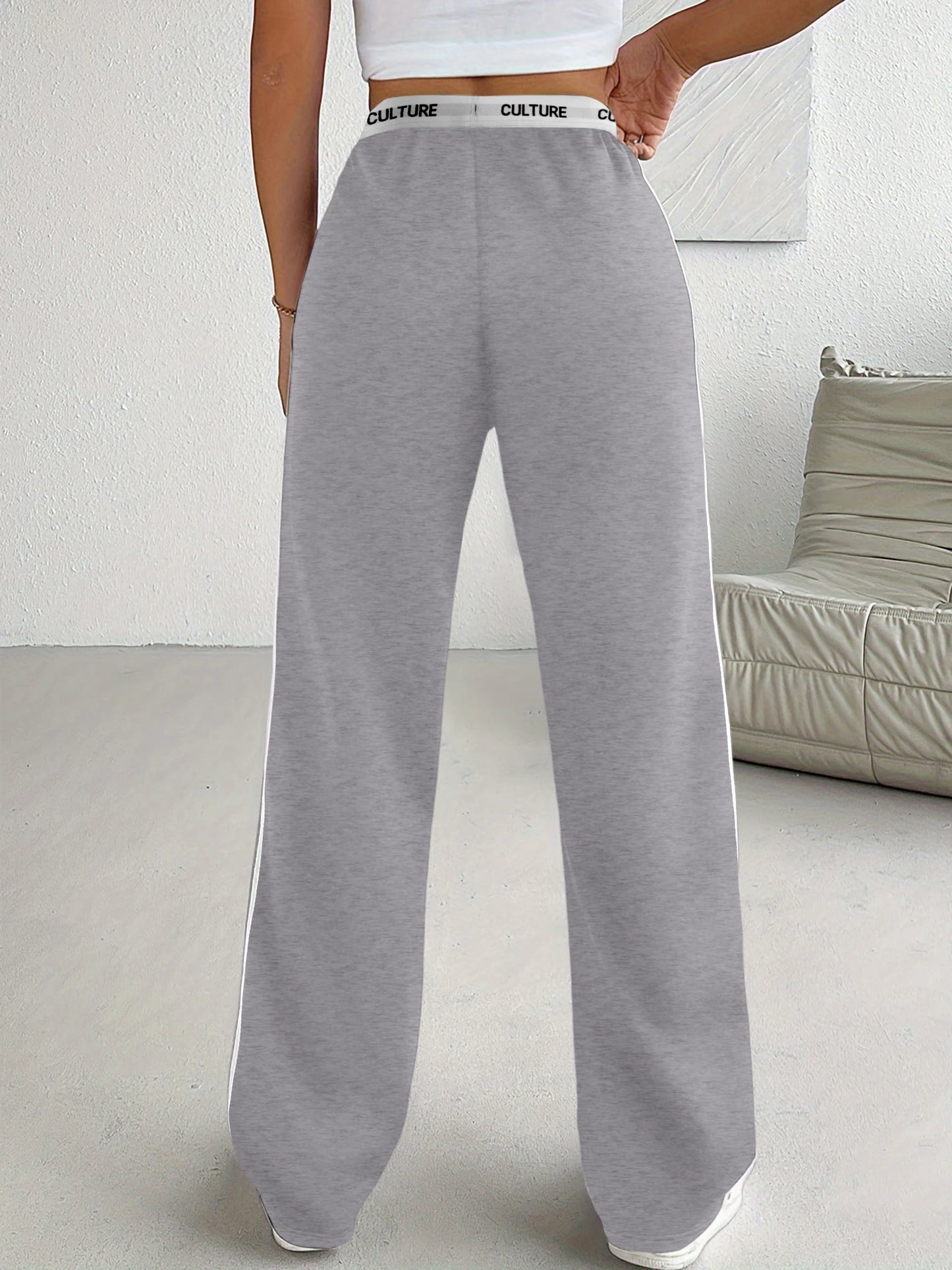 Side Stripe Wide Leg Sweatpants - "CULTURE" Print Waistband Casual Pants for Women