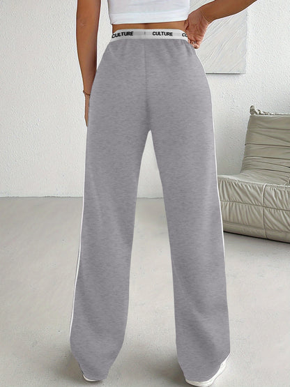 Side Stripe Wide Leg Sweatpants - "CULTURE" Print Waistband Casual Pants for Women