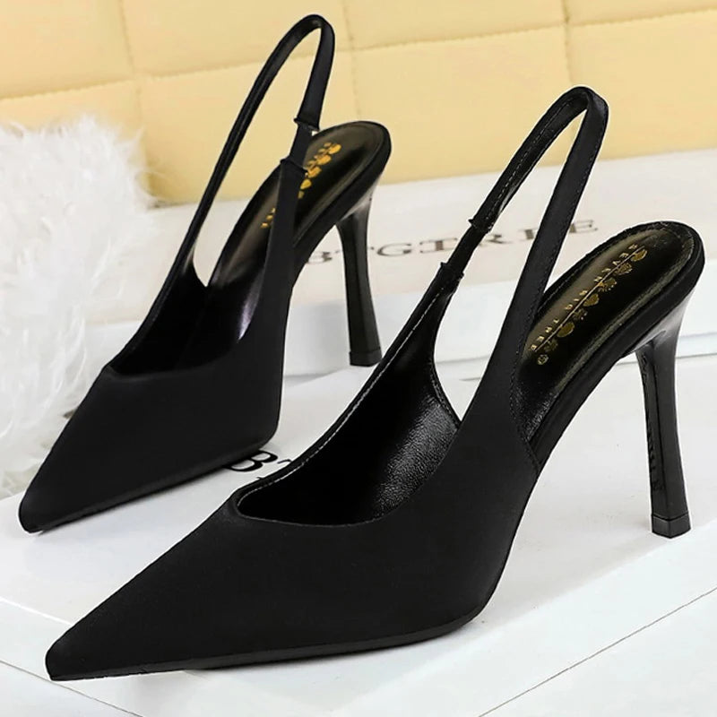 BIGTREE Shoes New Silks Satins Women Pumps Rear Strap Pointed End High Heels Stiletto Heels 9.5 Cm Summer High-Heeled Sandals
