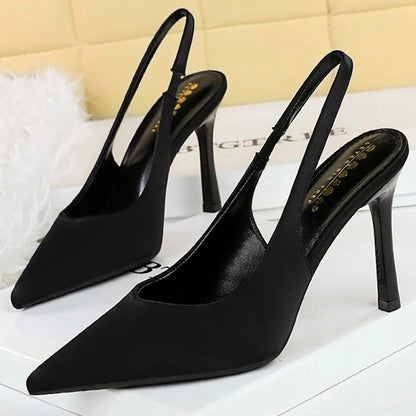 BIGTREE Shoes New Silks Satins Women Pumps Rear Strap Pointed End High Heels Stiletto Heels 9.5 Cm Summer High-Heeled Sandals