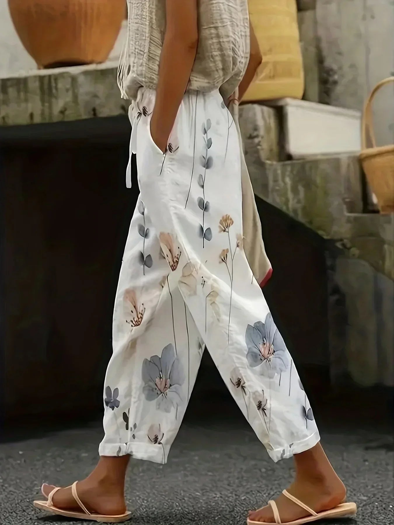 Plus Size 1XL-5XL  Women's Fashion Floral Print Straight Elastic Drawstring Pocket Pants Ladise Casual Versatile Pants