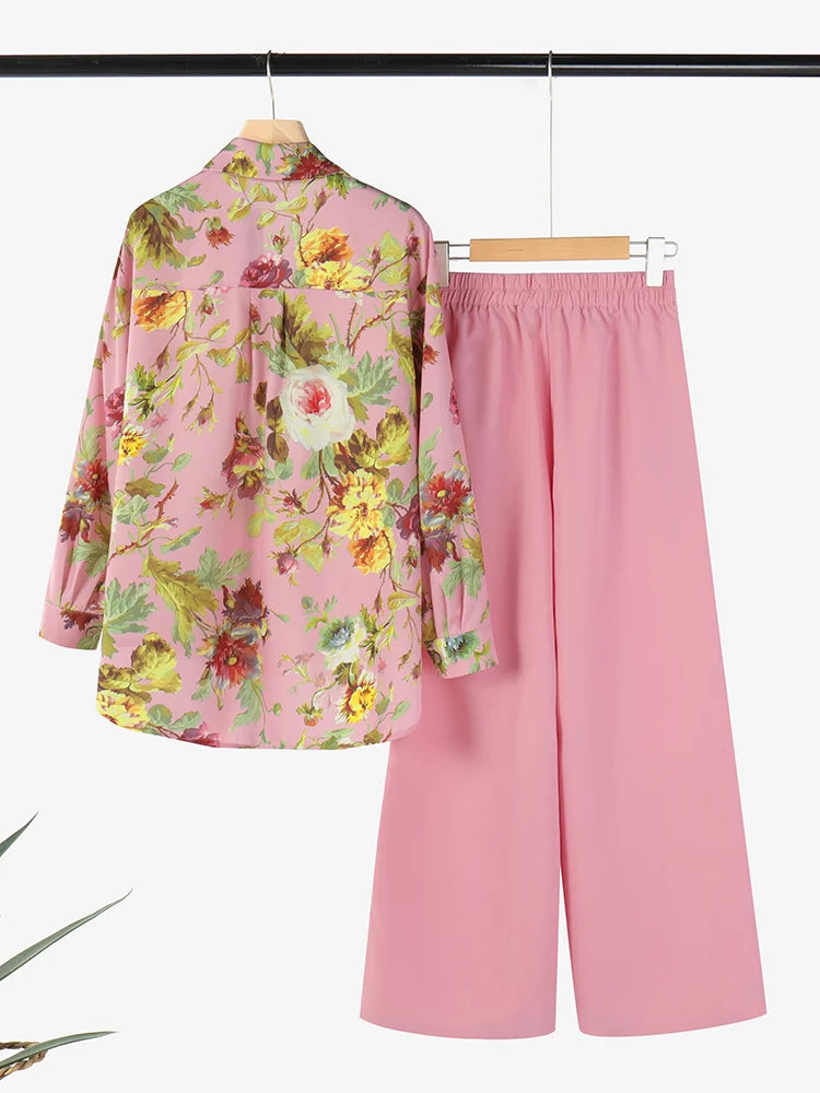 2025 ZANZEA Autumn Outfits Women 2 Pieces Sets Fashion Long Sleeve Printed Blouse Wide Leg Pant Sets 2pcs Tracksuits Oversize