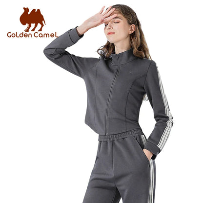 GOLDEN CAMEL Women's Sports Suit Fashion Slim Fitness Gym Two-piece Jogging Suit Stand Collar Casual Long Sleeve T-shirts Pants