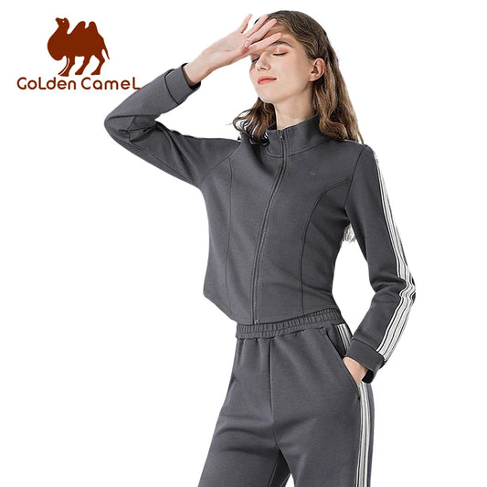 GOLDEN CAMEL Women's Sports Suit Fashion Slim Fitness Gym Two-piece Jogging Suit Stand Collar Casual Long Sleeve T-shirts Pants