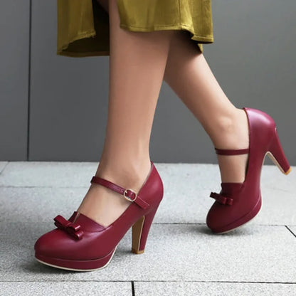 Sweet Women's High Heels Pumps Big Size 48 Lolita Mary Janes Shoes Blue Black Red Pink Heeled Office Wedding Shoes for Girls
