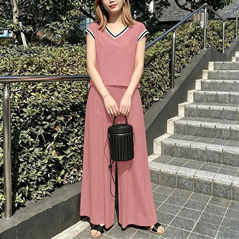 ZANZEA Women Fashion Pant Sets Summer Contrast-Trim Cap Sleeve Short Top & Wide Leg Pant 2 Pieces Sets Casual Pant Suits Outfits