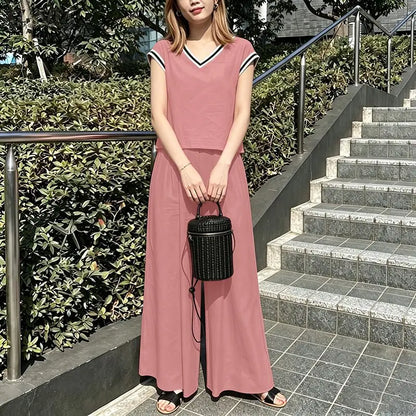 ZANZEA Women Fashion Pant Sets Summer Contrast-Trim Cap Sleeve Short Top & Wide Leg Pant 2 Pieces Sets Casual Pant Suits Outfits