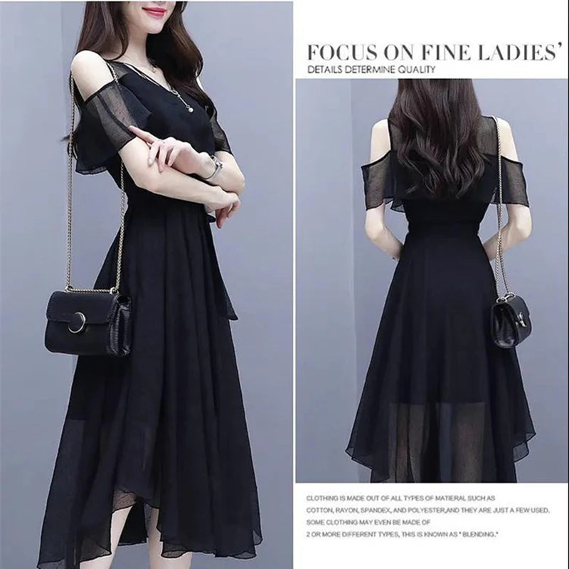 Women's Summer Chiffon Dress Korean Office Lady Graceful Casual Black Off-Shoulder Dresses 2025 New Fashion Clothing Female