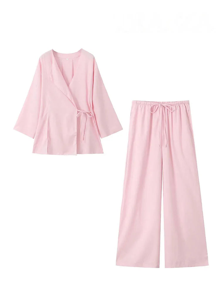 HH 2025 Spring Women Fashion Linen Suits New Solid Cardigan Kimono Top + Versatile Outerwear Female Wide Leg Long Pant