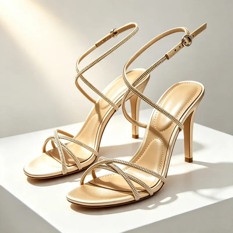 Luxury Crystal Detail Ankle Strap Buckle Heeled Sandals Women Elegant Women Shoes Adjustable Buckle Designer Sandalias De Mujer