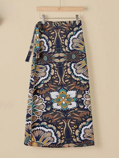 Vacation Style Wrap Skirt Beachside Long Skirt Women's High Waist A-Line Midi Skirt Floral Print One-Piece Summer Spring
