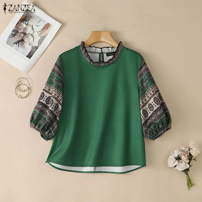 ZANZEA Woman Vintage Blouses Geometric Print Patchwork Lantern Sleeves Ruffled Collar Top Boemian Autumn Daily Wear Blusas Mujer
