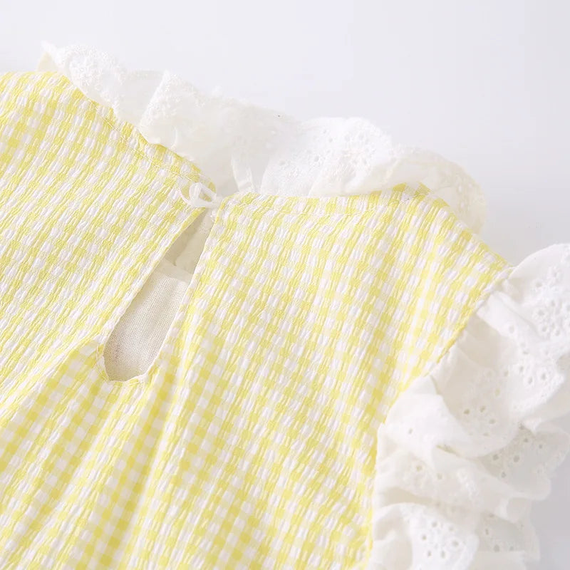 2026 Summer Baby Romper Cute Duck Floral Embroidery Ruffle Trim Bodysuit for Girls Plaid Sleeveless Infant Clothes