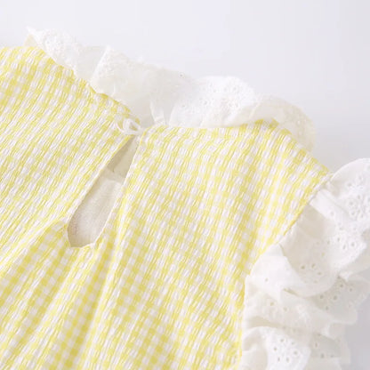 2026 Summer Baby Romper Cute Duck Floral Embroidery Ruffle Trim Bodysuit for Girls Plaid Sleeveless Infant Clothes