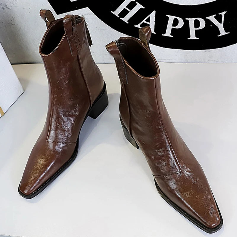 BIGTREE Designer Punk Vintage Pointed Toe Women Ankle Boots Autumn Winter Zipper Shoes Women Fashion Square Heel Botas Mujer