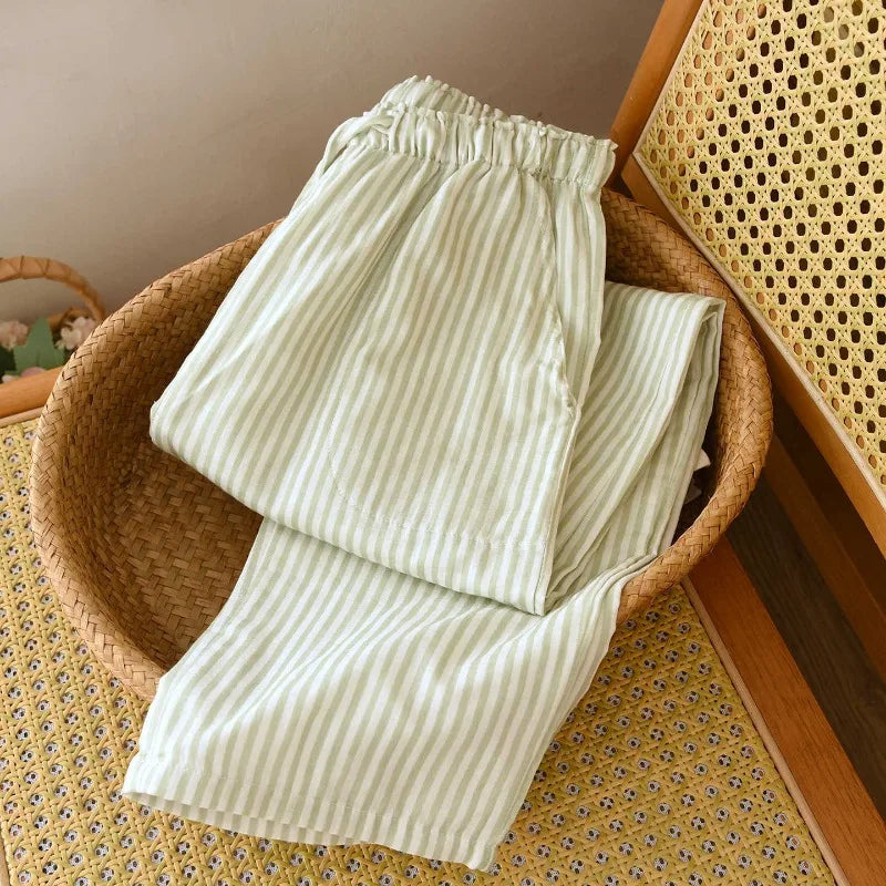 2026 New Women's Spring/Summer Sleeper Pants 100% Cotton Gauze Striped Tether Pants Striped Loose Thin Home Pants