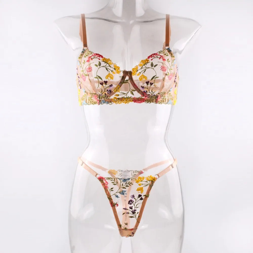 2-Piece Fashion Floral Lingerie Set Embroidery Sheer Underwear Intimates Underwire Push-up Versatile Bra Panty Set For Lady Girl