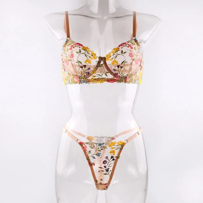2-Piece Fashion Floral Lingerie Set Embroidery Sheer Underwear Intimates Underwire Push-up Versatile Bra Panty Set For Lady Girl