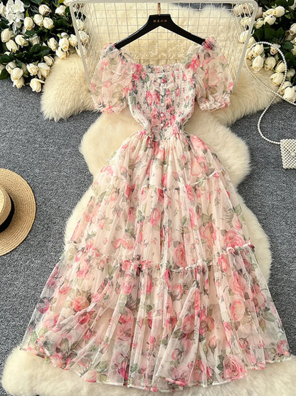 Summer Vintage French Mesh Dress for Women New Waist Cinched Slash Neck Bubble Sleeves Sweet Floral Chiffon Dress Female C146