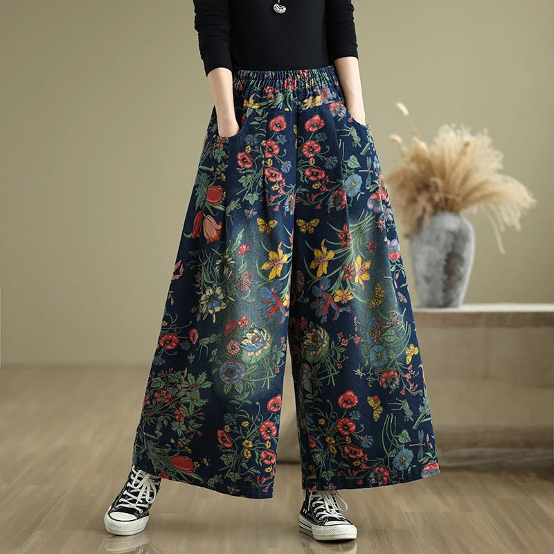 plus Size Denim Wide Leg Pants New Print Elastic Loose Slimming Casual Versatile Straight Cut Denim Pants Commute Sle Cotto...